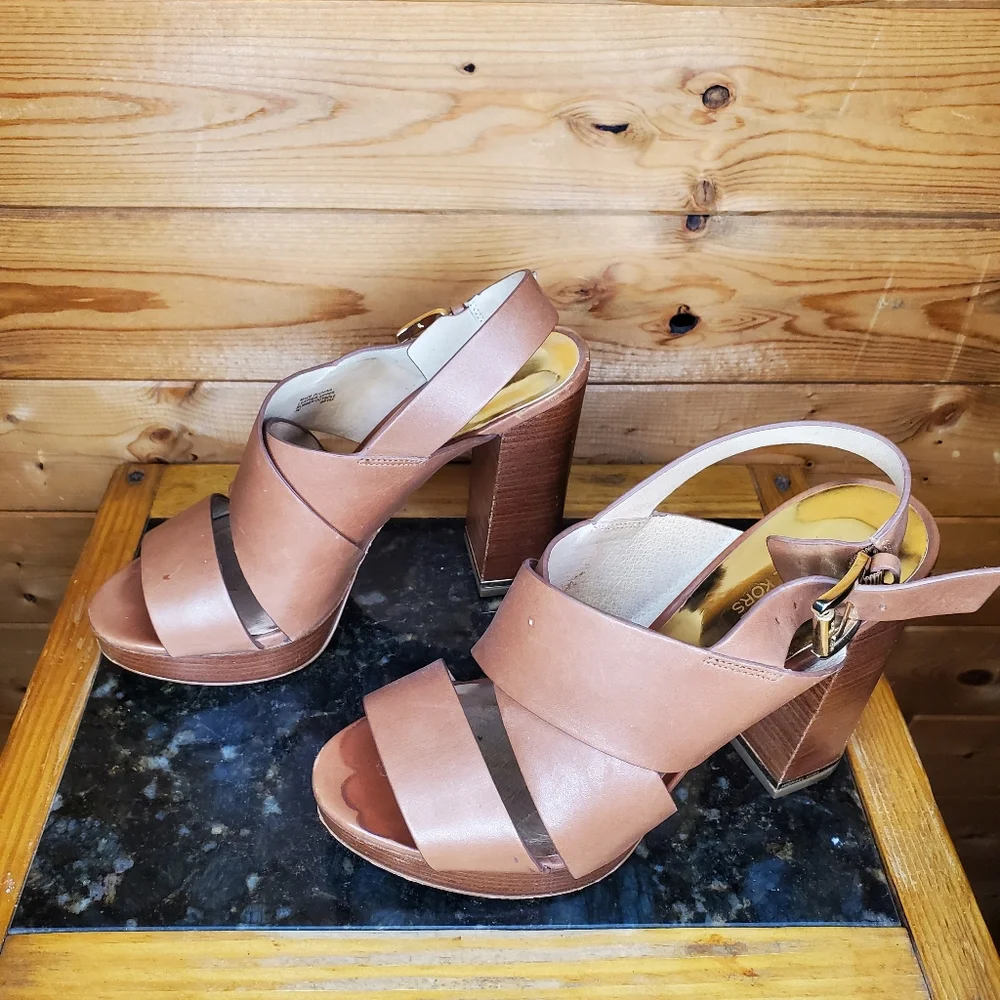 ❤️ Michael kors plataform high heels sedgwick slingback luggage leather …